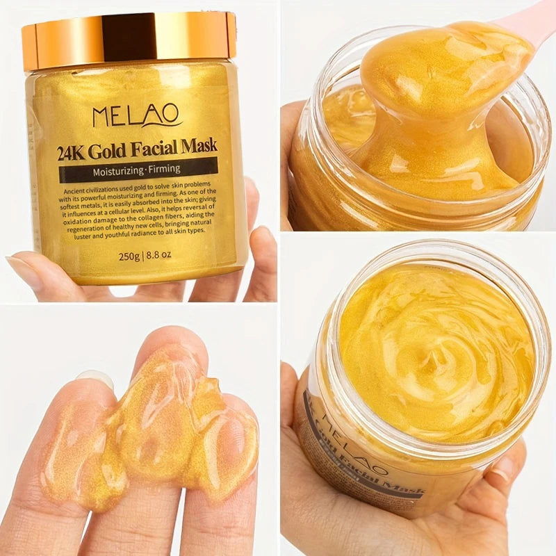Goldene Textur der Auréne Gesichtsmaske aus nächster Nähe gezeigt