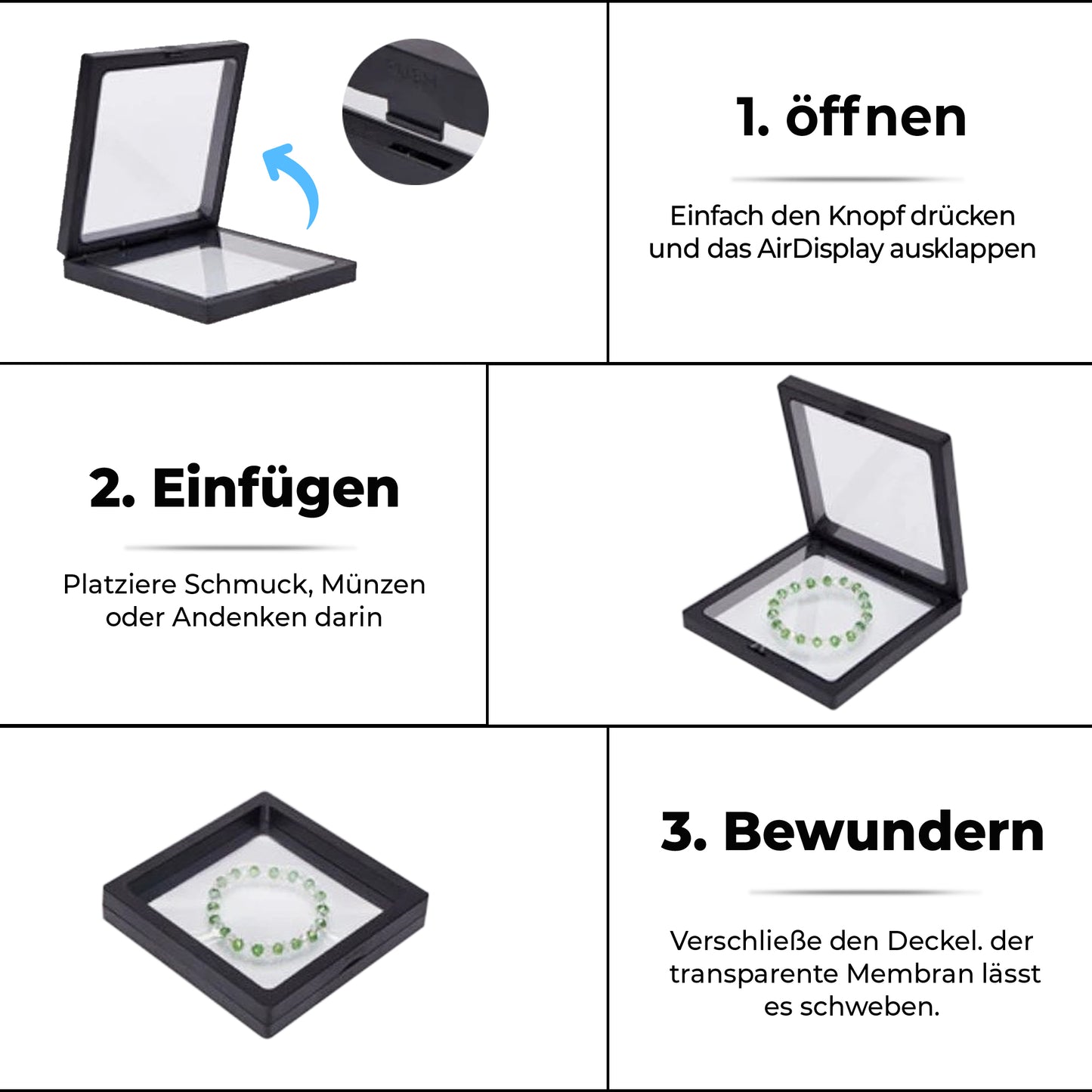 AirDisplay geöffnet – Einlegen eines Schmuckstücks