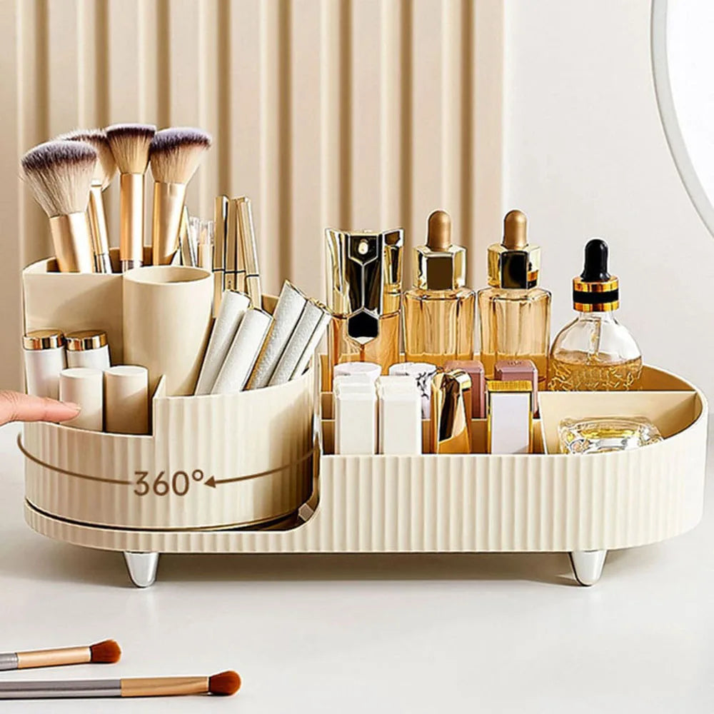Rotéa drehbarer Kosmetik-Organizer mit Make-up und Pinseln dekorativ auf Schminktisch arrangiert