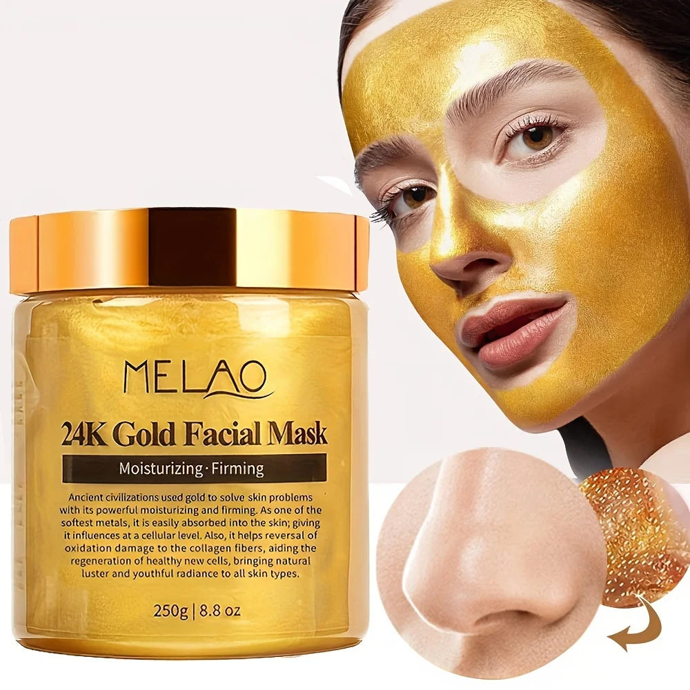 Frau mit goldener Gesichtsmaske neben der Auréne 24K Gold-Gesichtsmaske