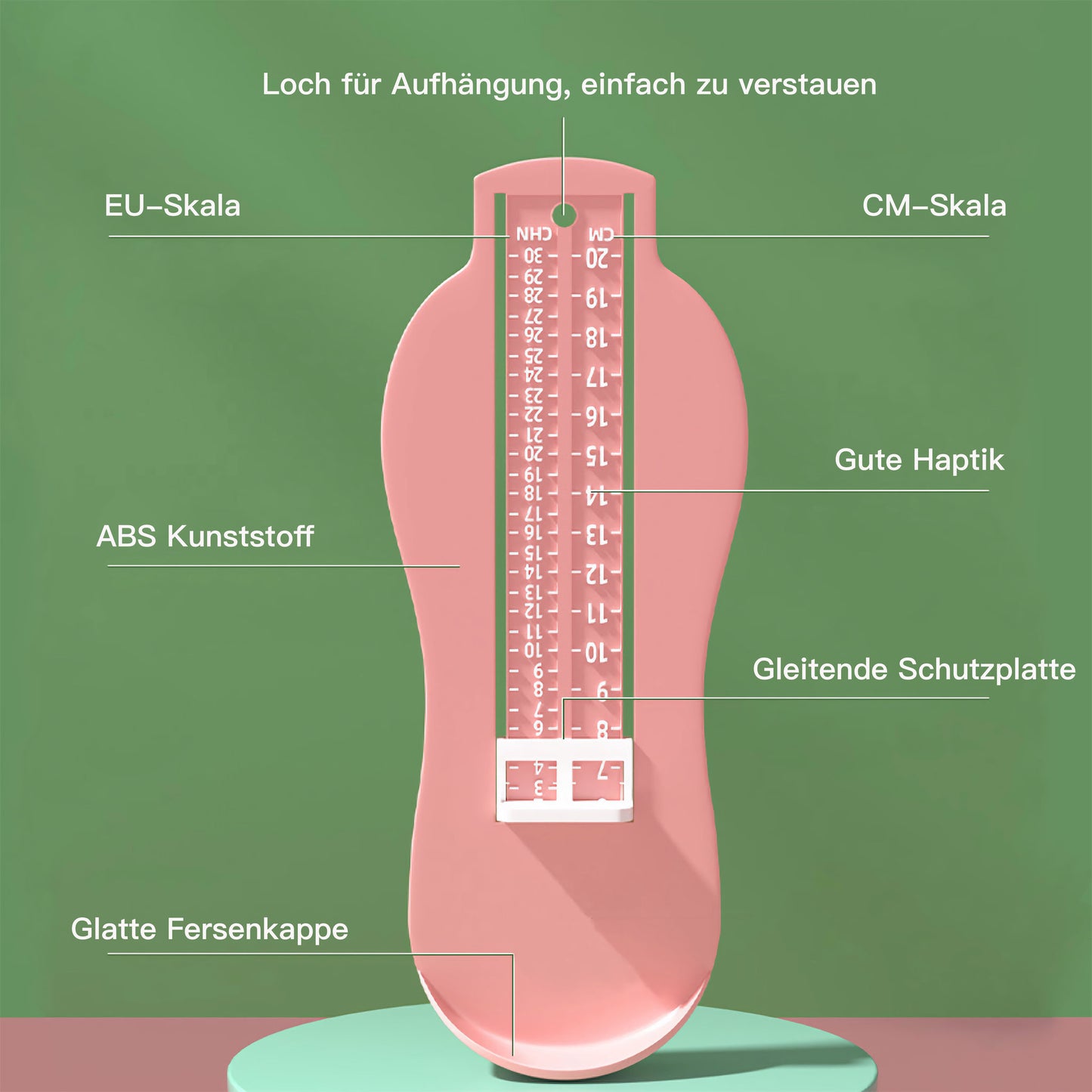 Detailaufnahme der Messskala des Baby Schuhgrößen Messgeräts