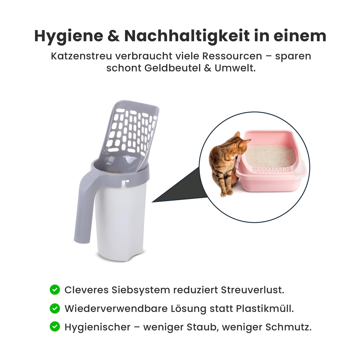 Zufriedene Katze neben sauberer Katzentoilette nach Poop Patrol Reinigung