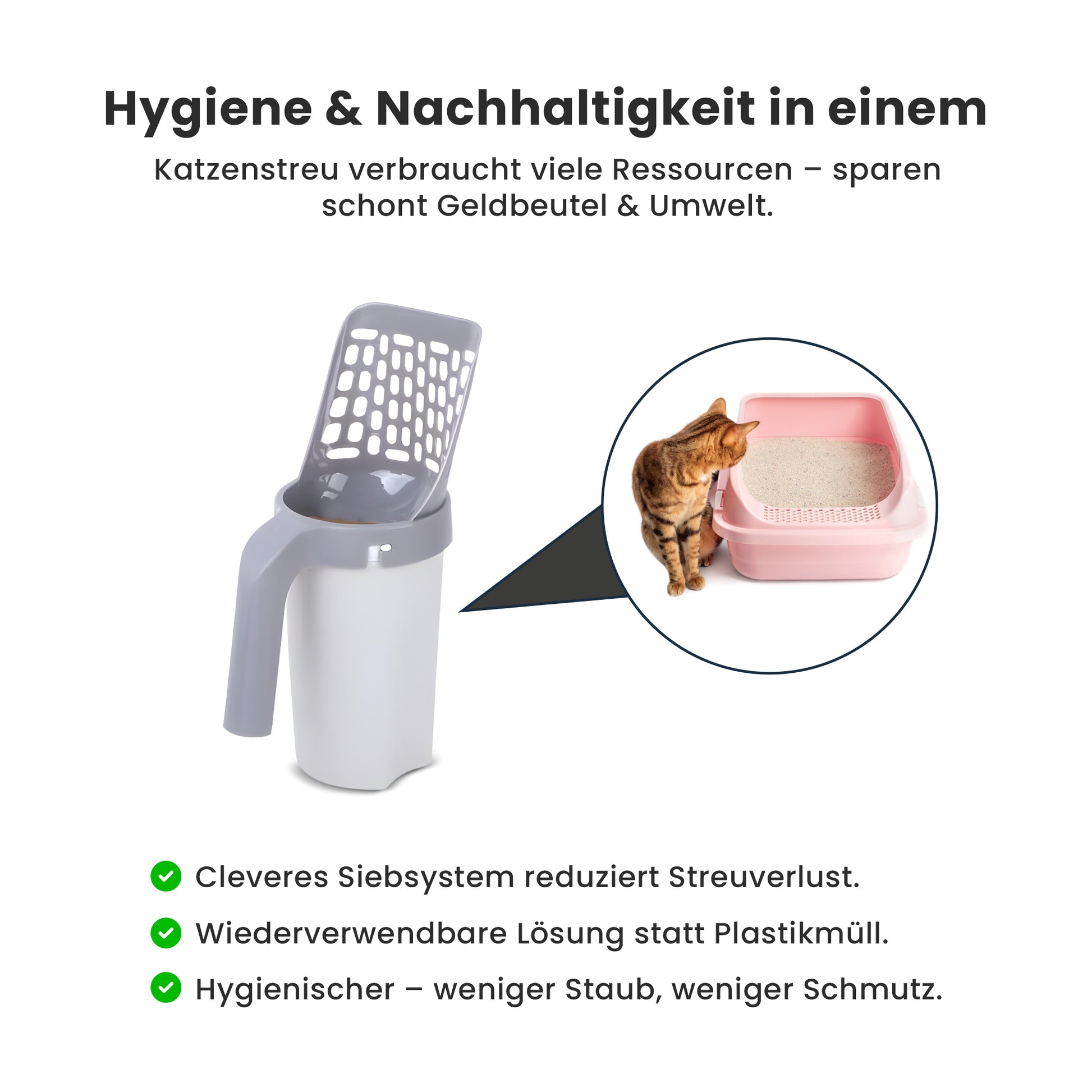 Zufriedene Katze neben sauberer Katzentoilette nach Poop Patrol Reinigung