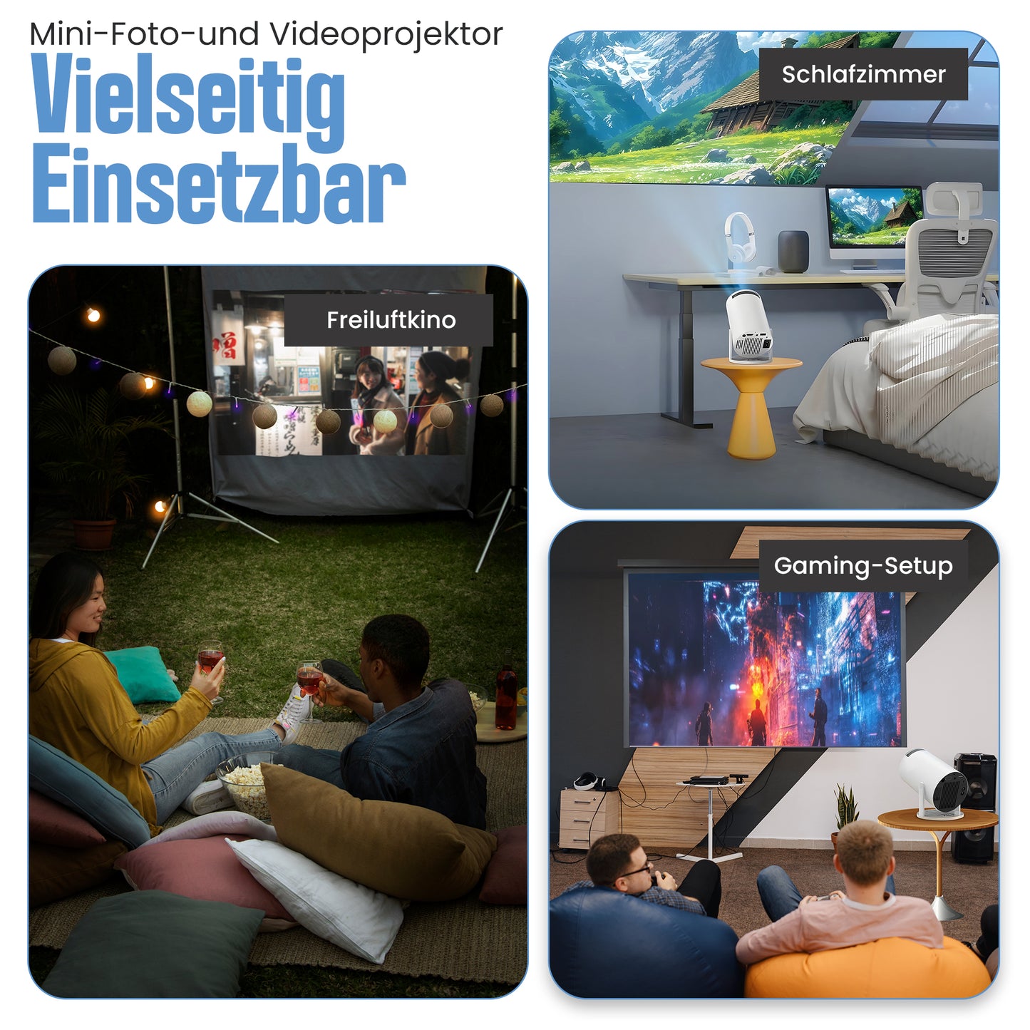 VisionX HD Beamer bei Outdoor-Kinoprojektion im Garten oder Camping