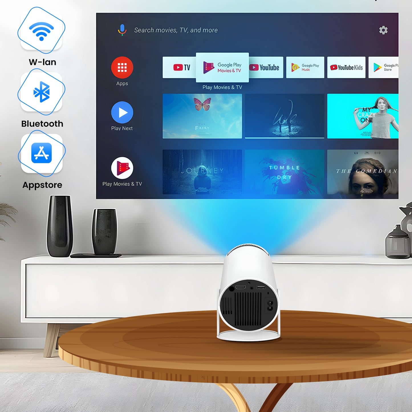 VisionX HD Mini-Beamer mit WiFi6, Bluetooth und App-Store Symbolen
